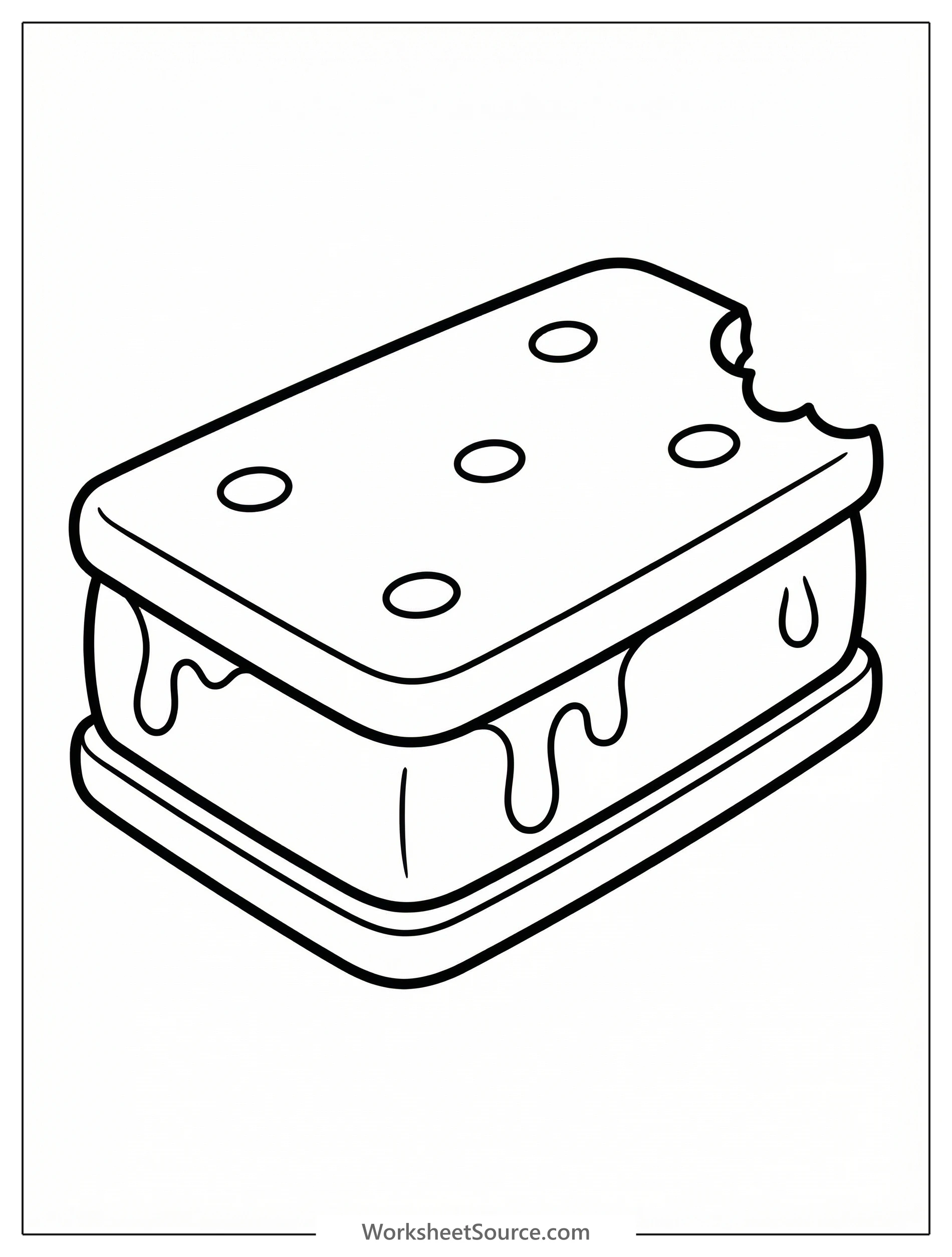 Professional black and white line art of a classic ice cream sandwich, ready for coloring. It features two rectangular chocolate wafers with a scoop of ice cream in between.
