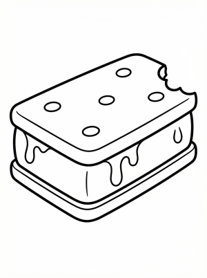 Professional black and white line art of a classic ice cream sandwich, ready for coloring. It features two rectangular chocolate wafers with a scoop of ice cream in between.