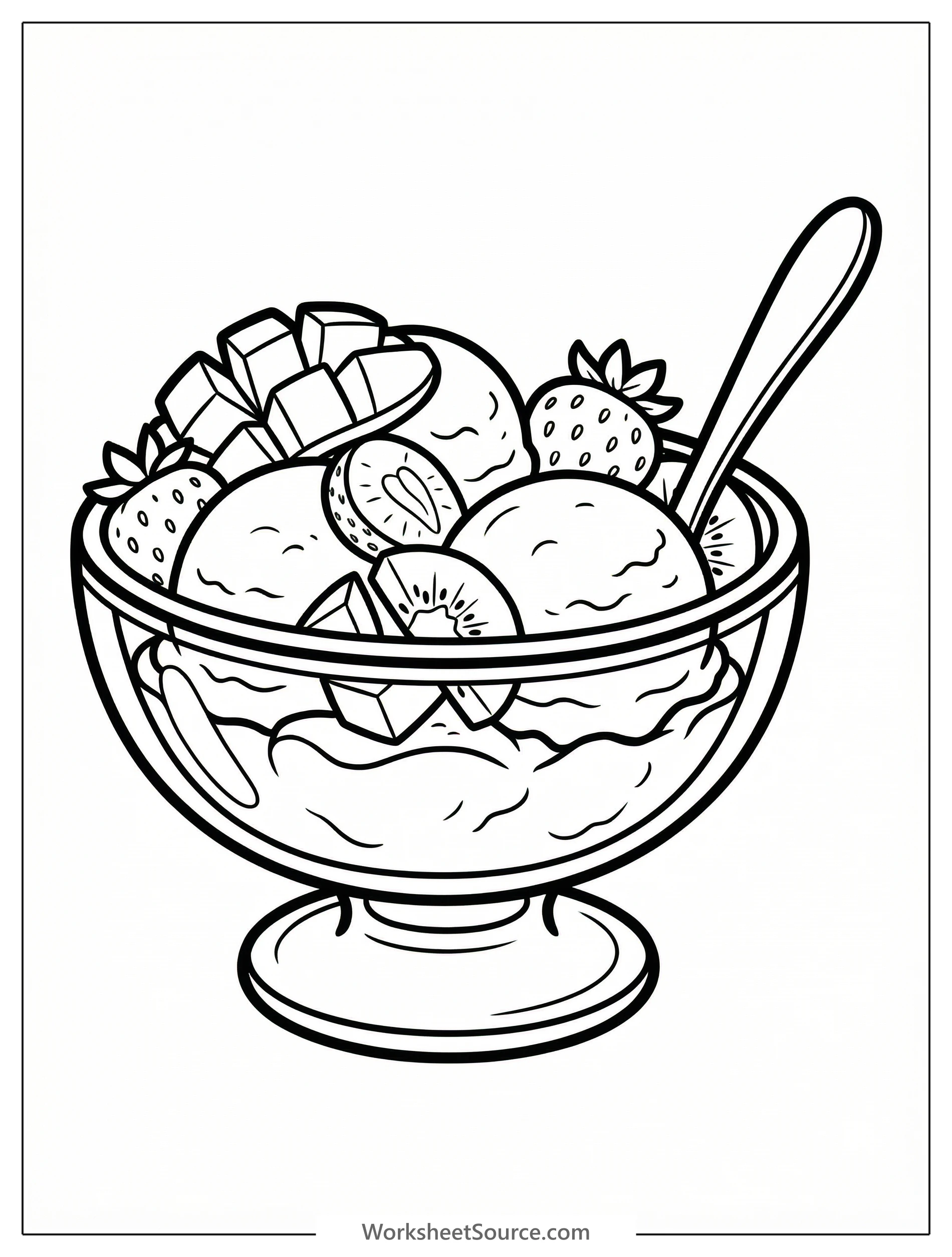 A professionally designed black and white line art illustration of a mango sorbet in a dessert bowl, generously topped with various fruits like berries, kiwi slices, and fresh mint leaves, awaiting vi