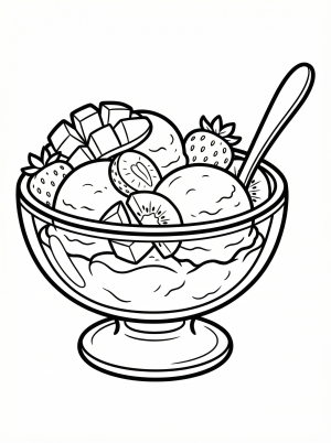 A professionally designed black and white line art illustration of a mango sorbet in a dessert bowl, generously topped with various fruits like berries, kiwi slices, and fresh mint leaves, awaiting vi