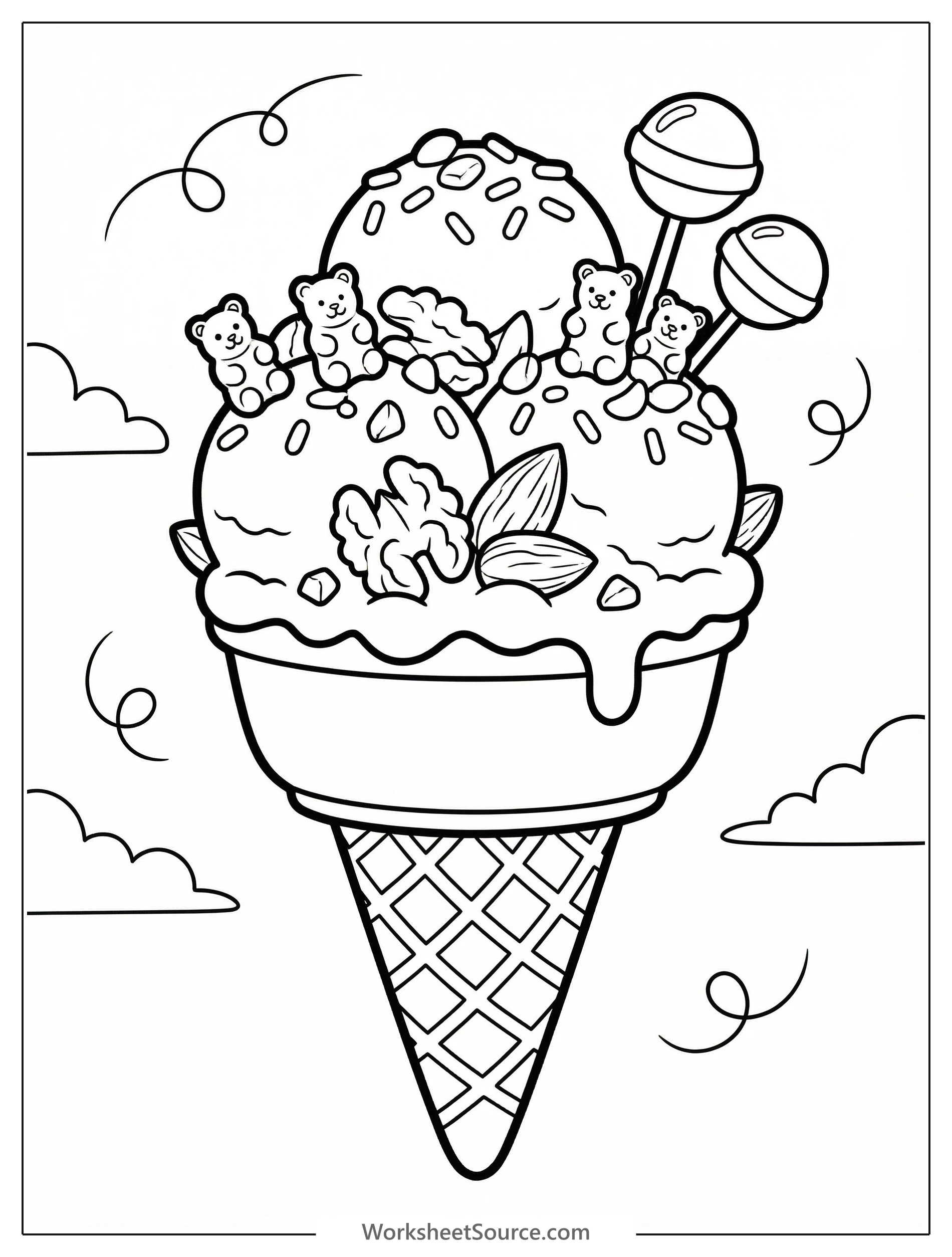 Professional black and white line art coloring page depicting a scoop of ice cream generously topped with various nuts and candies, ready for creative coloring.
