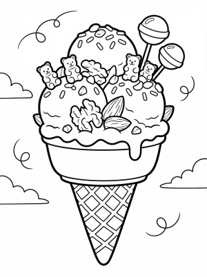Professional black and white line art coloring page depicting a scoop of ice cream generously topped with various nuts and candies, ready for creative coloring.
