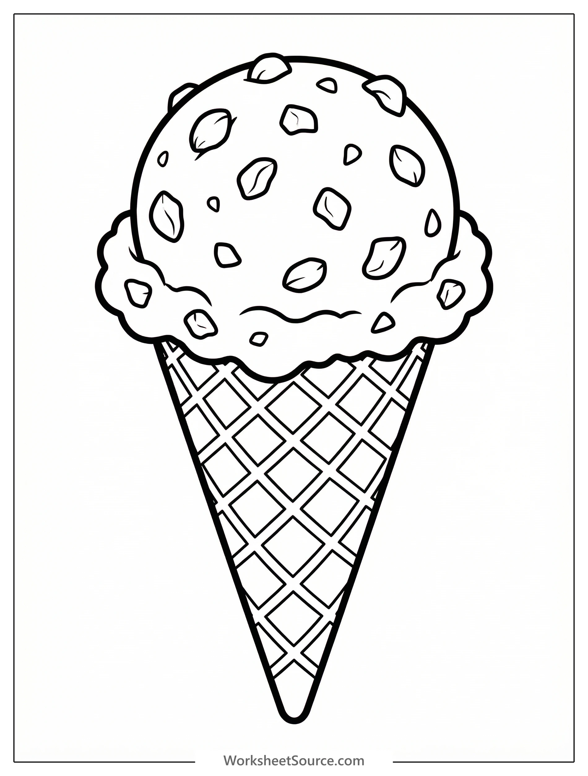 A clear black and white line art coloring page depicting a delicious scoop of nutty ice cream in a cone, generously topped with many peanuts.