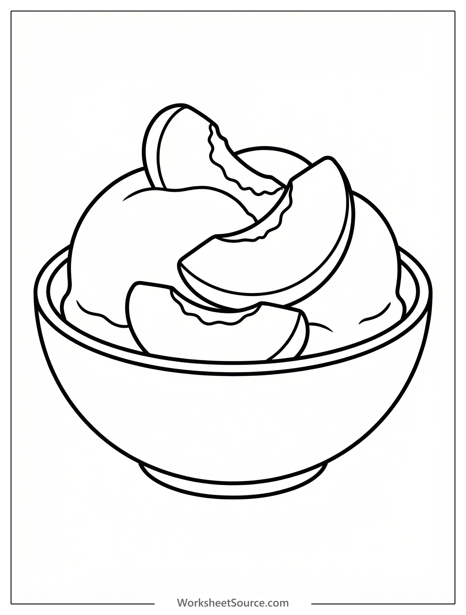 Clear black and white line art of a scoop of peach ice cream in a bowl, garnished with peach slices, presented as a professional coloring page design.