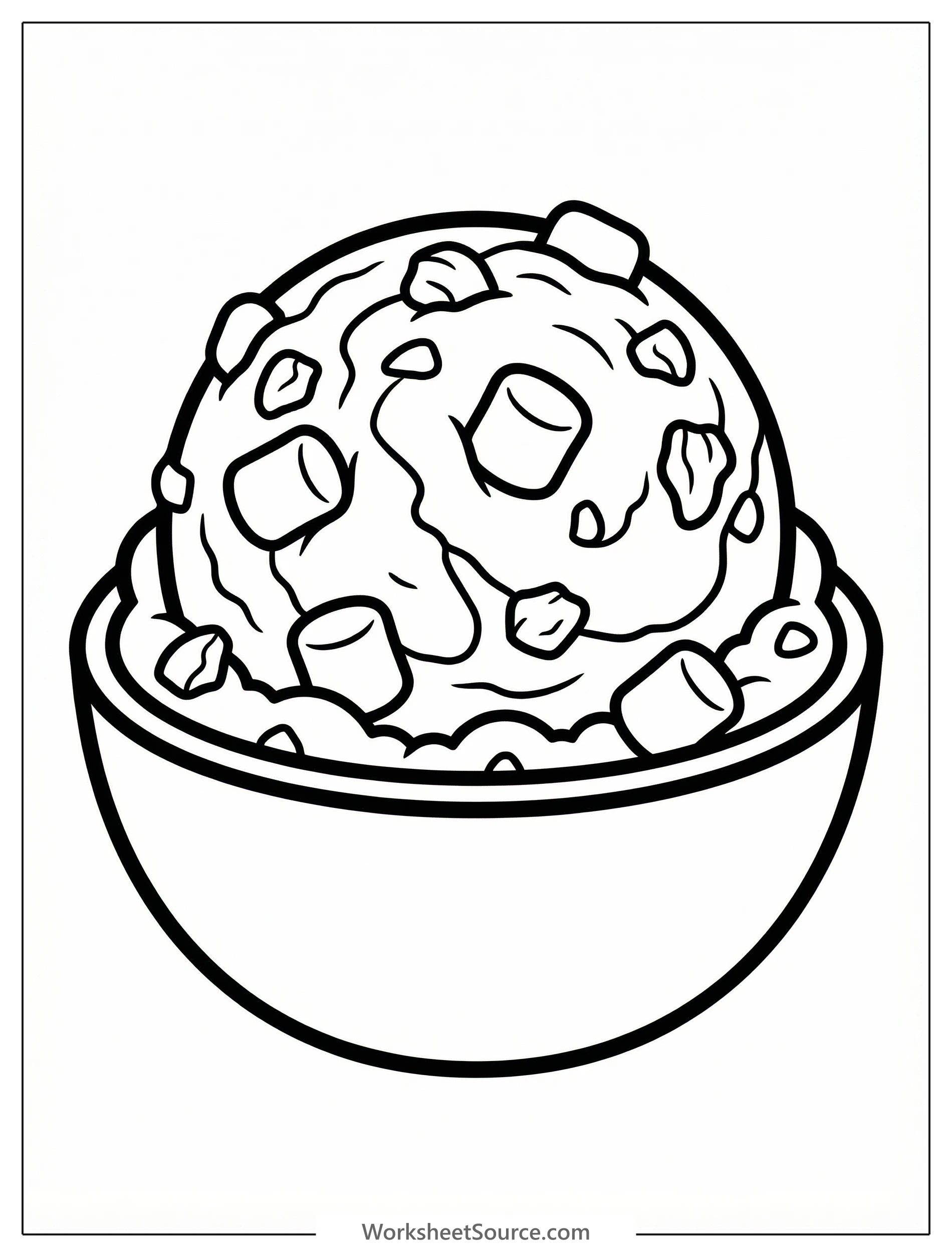 Professional black and white line art of a scoop of rocky road ice cream in a bowl, presented as a clear and appealing coloring page.