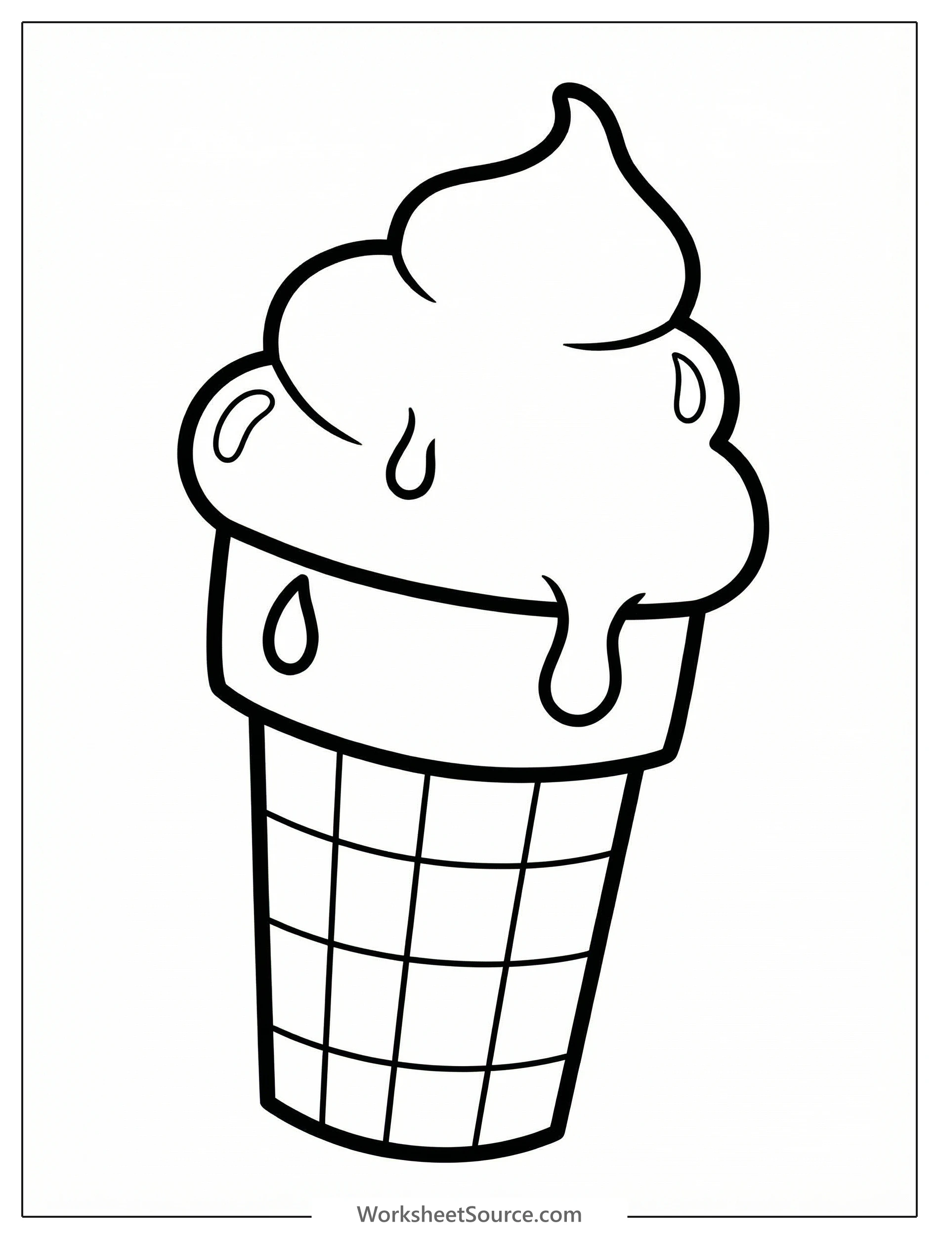 Clear black and white line art coloring page featuring a professionally designed sugar cone generously dipped in melted chocolate, ready for creative coloring.