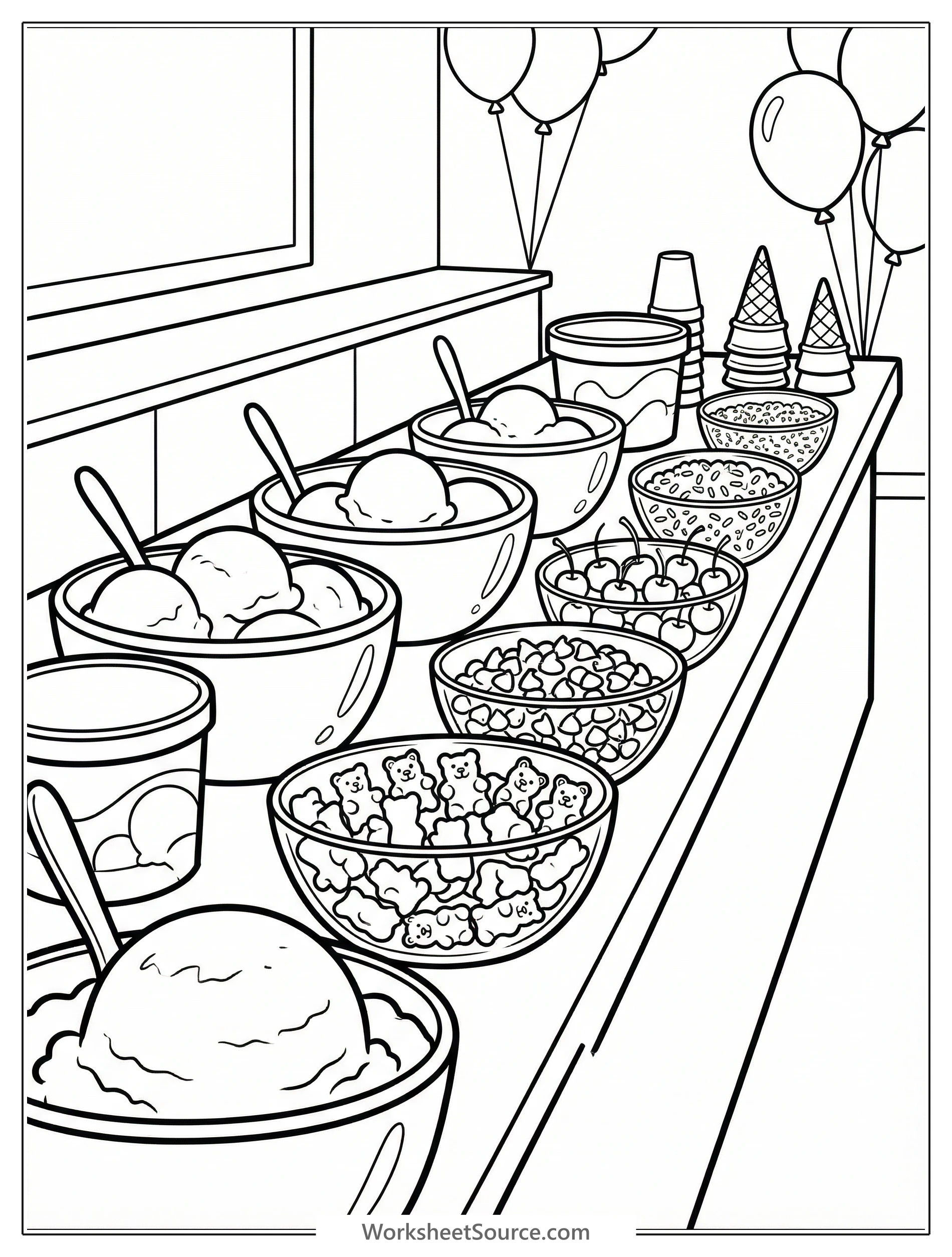 Detailed black and white line art coloring page depicting a festive ice cream toppings bar overflowing with various treats like sprinkles, sauces, fruit, and candy.