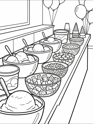 Detailed black and white line art coloring page depicting a festive ice cream toppings bar overflowing with various treats like sprinkles, sauces, fruit, and candy.