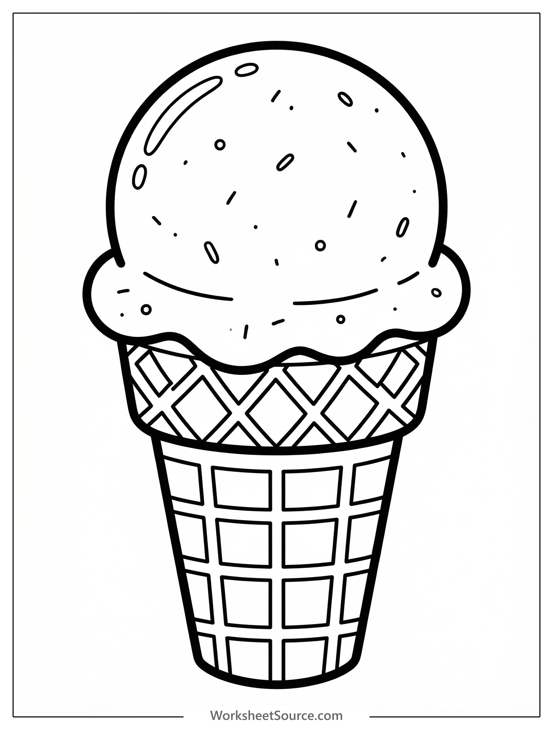 Clear black and white line art of a single scoop of vanilla bean ice cream in a simple, professional coloring page style.