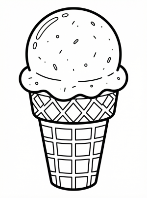 Clear black and white line art of a single scoop of vanilla bean ice cream in a simple, professional coloring page style.