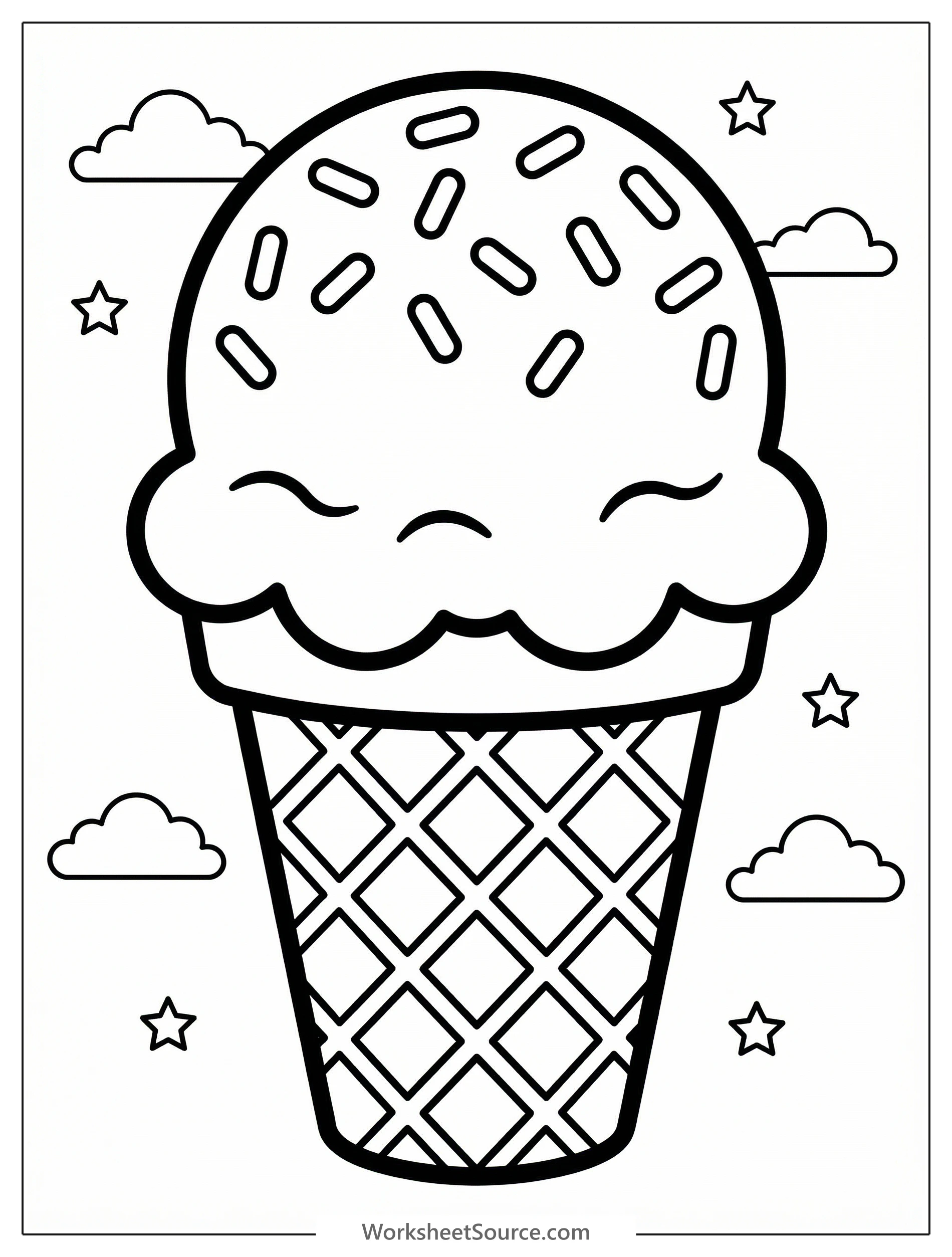 Clear black and white line art coloring page featuring a crisp waffle cone overflowing with delicious sprinkles, ready for creative coloring fun.