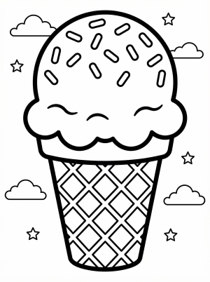 Clear black and white line art coloring page featuring a crisp waffle cone overflowing with delicious sprinkles, ready for creative coloring fun.