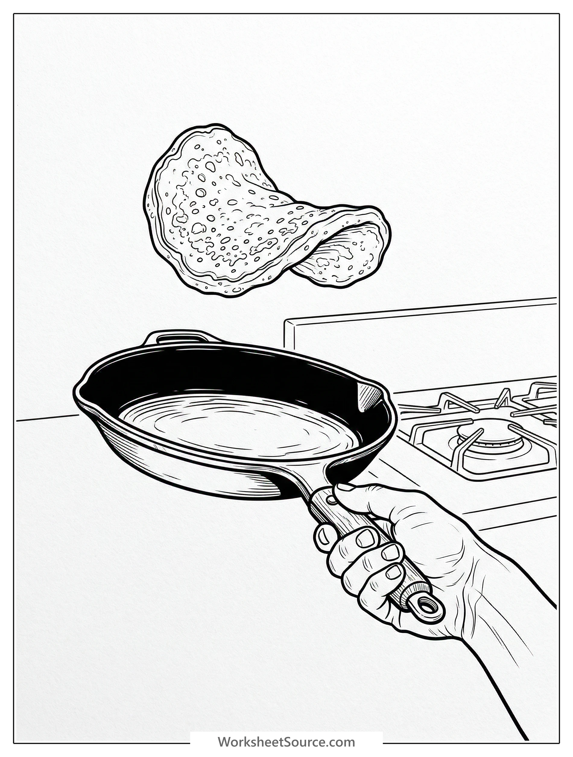 A dynamic scene capturing a perfectly round pancake mid air, flipping above a hot frying pan on a stove, with steam rising from the pan.