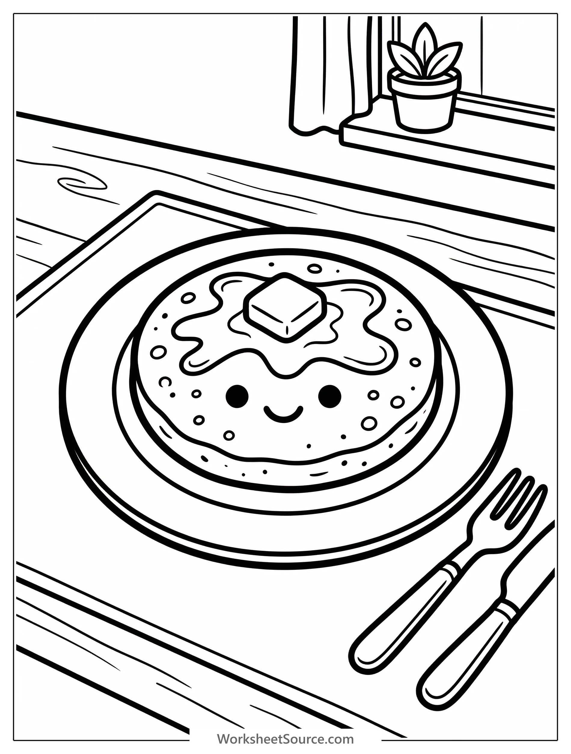 A perfectly round, fluffy pancake centered on a plain, circular plate, ready for coloring.