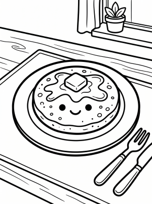A perfectly round, fluffy pancake centered on a plain, circular plate, ready for coloring.