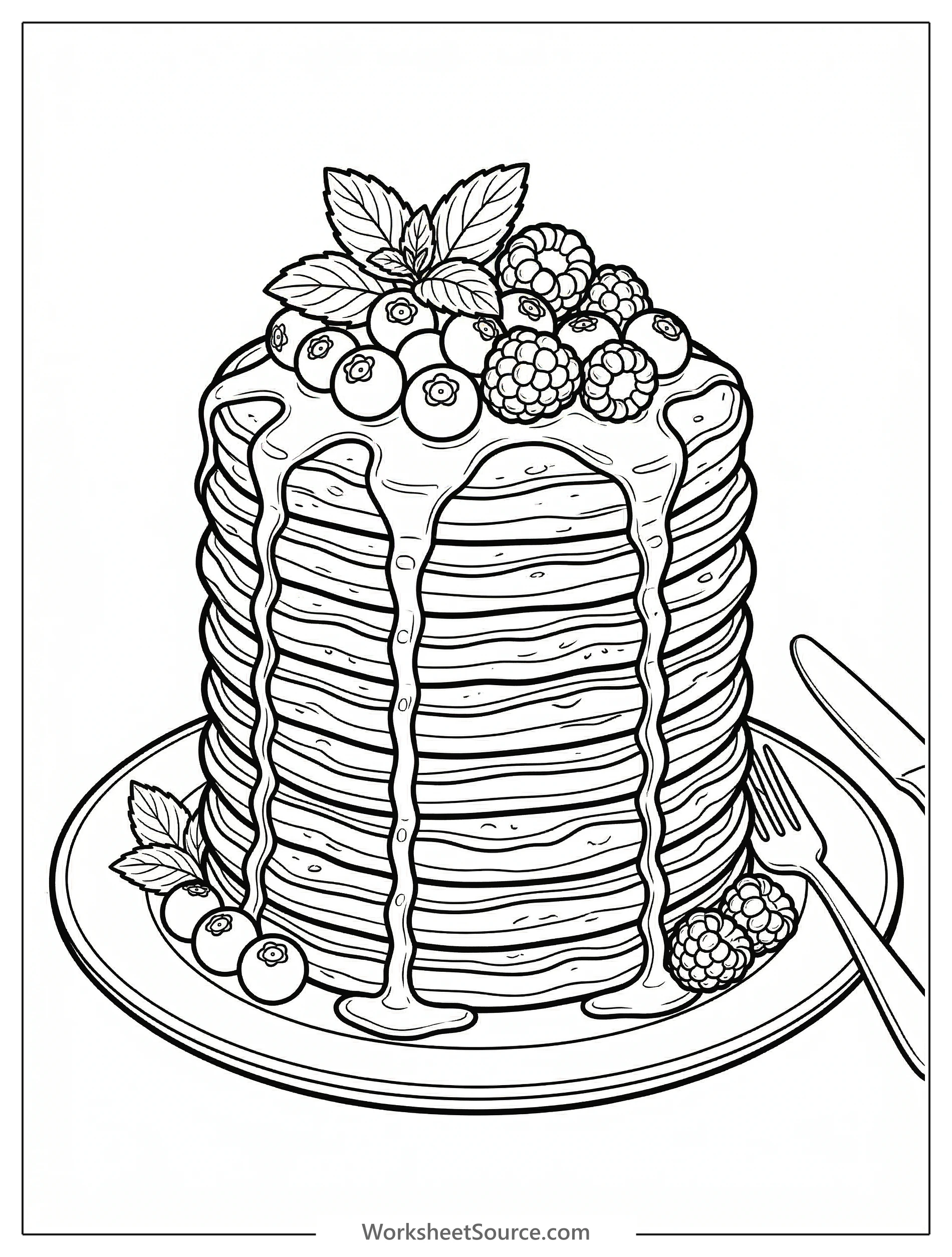 Detailed coloring page featuring a tall stack of fluffy pancakes generously topped with an assortment of fresh berries and a sprig of mint, ready for artistic coloring.