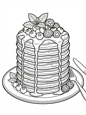 Detailed coloring page featuring a tall stack of fluffy pancakes generously topped with an assortment of fresh berries and a sprig of mint, ready for artistic coloring.