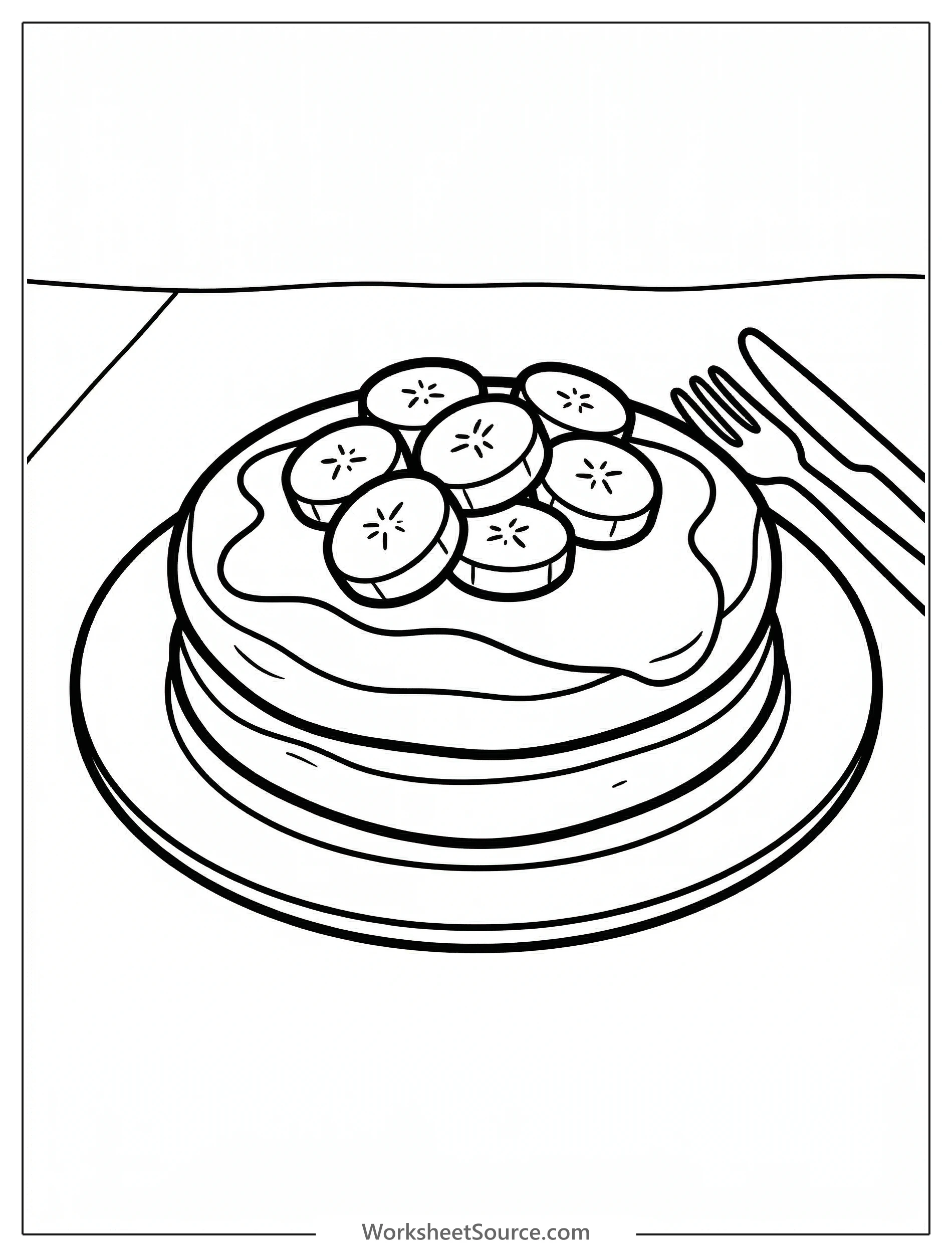 Outline drawing of a fluffy pancake topped with several slices of banana, ready for coloring. The image depicts a simple, appealing breakfast treat.