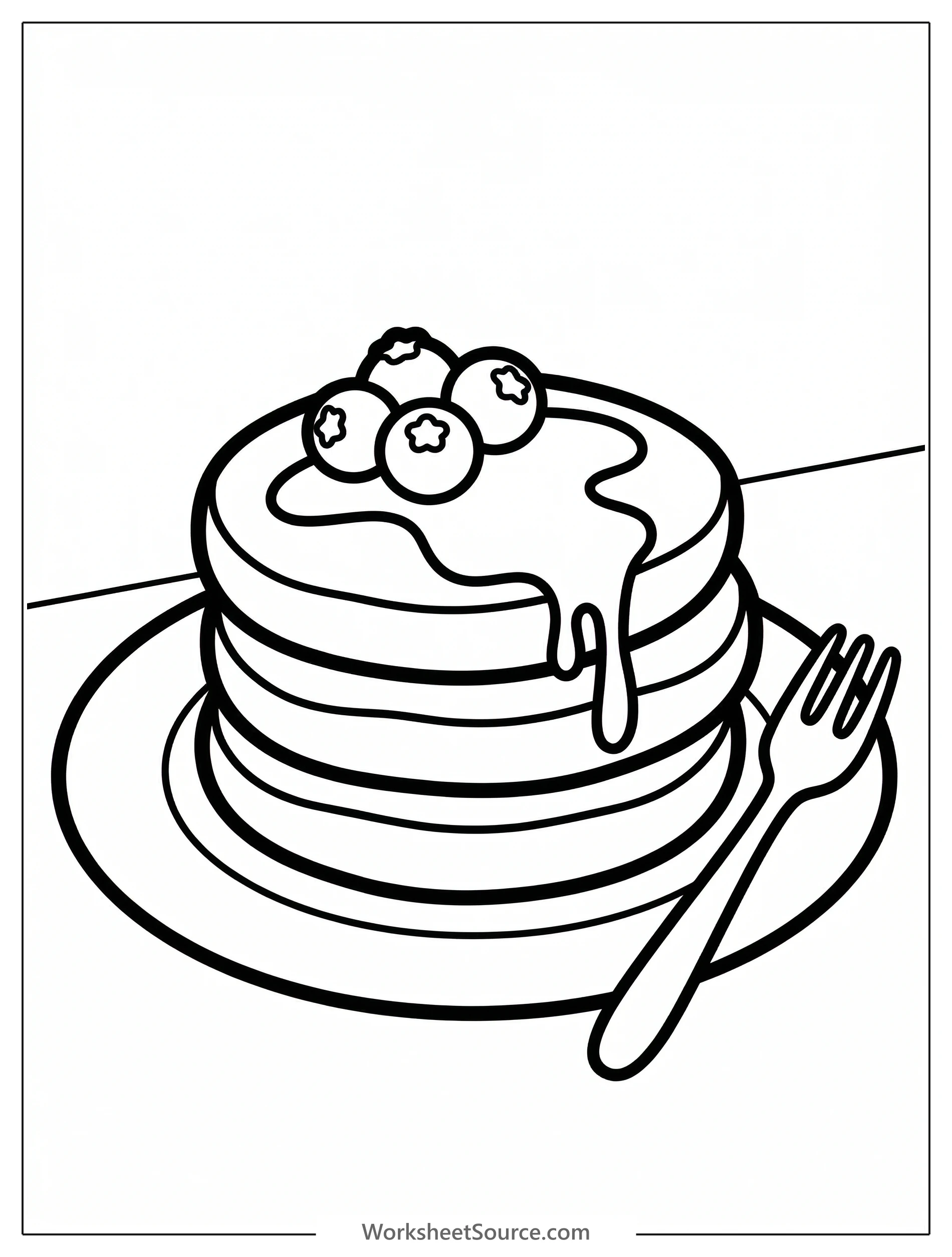 Outline drawing of a stack of fluffy pancakes topped with fresh blueberries and syrup. A simple, inviting image perfect for coloring activities.