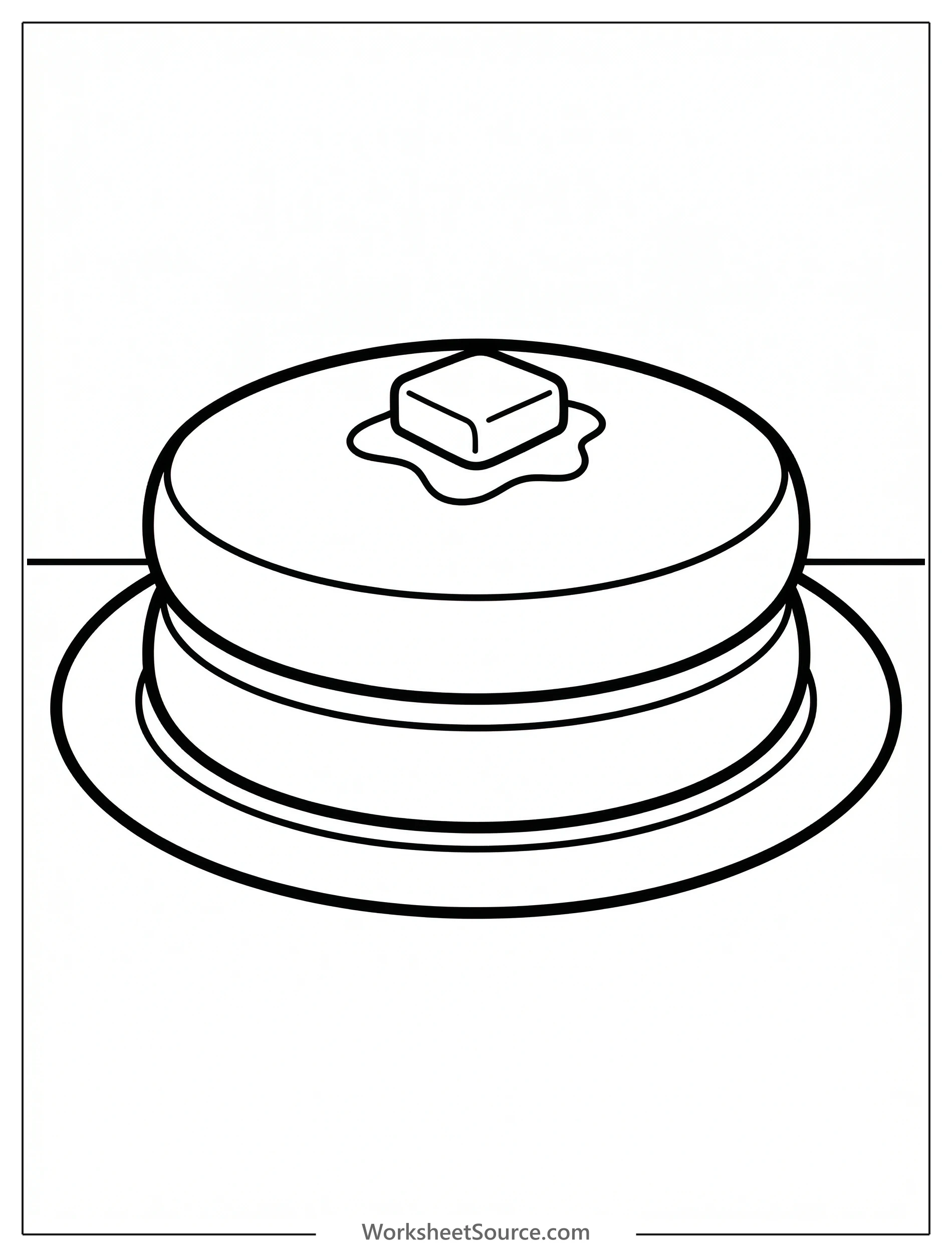 Outline illustration of a fluffy circular pancake with a square pat of butter melting gently on its top surface, ready for coloring.