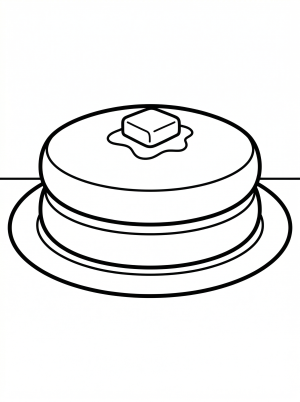 Outline illustration of a fluffy circular pancake with a square pat of butter melting gently on its top surface, ready for coloring.