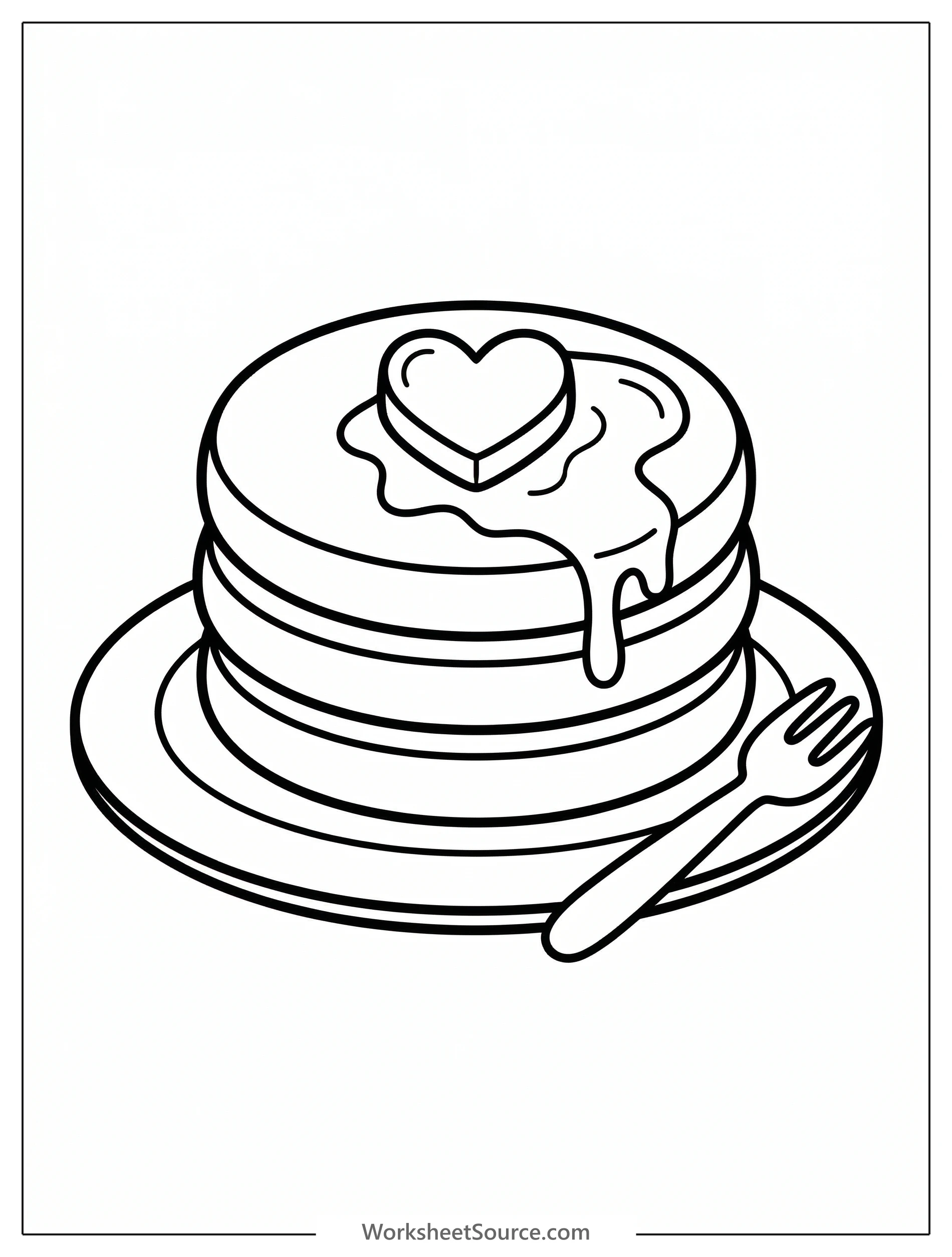 A delightful illustration of a stack of fluffy pancakes with a heart shaped pat of butter melting on top, ready for creative coloring.