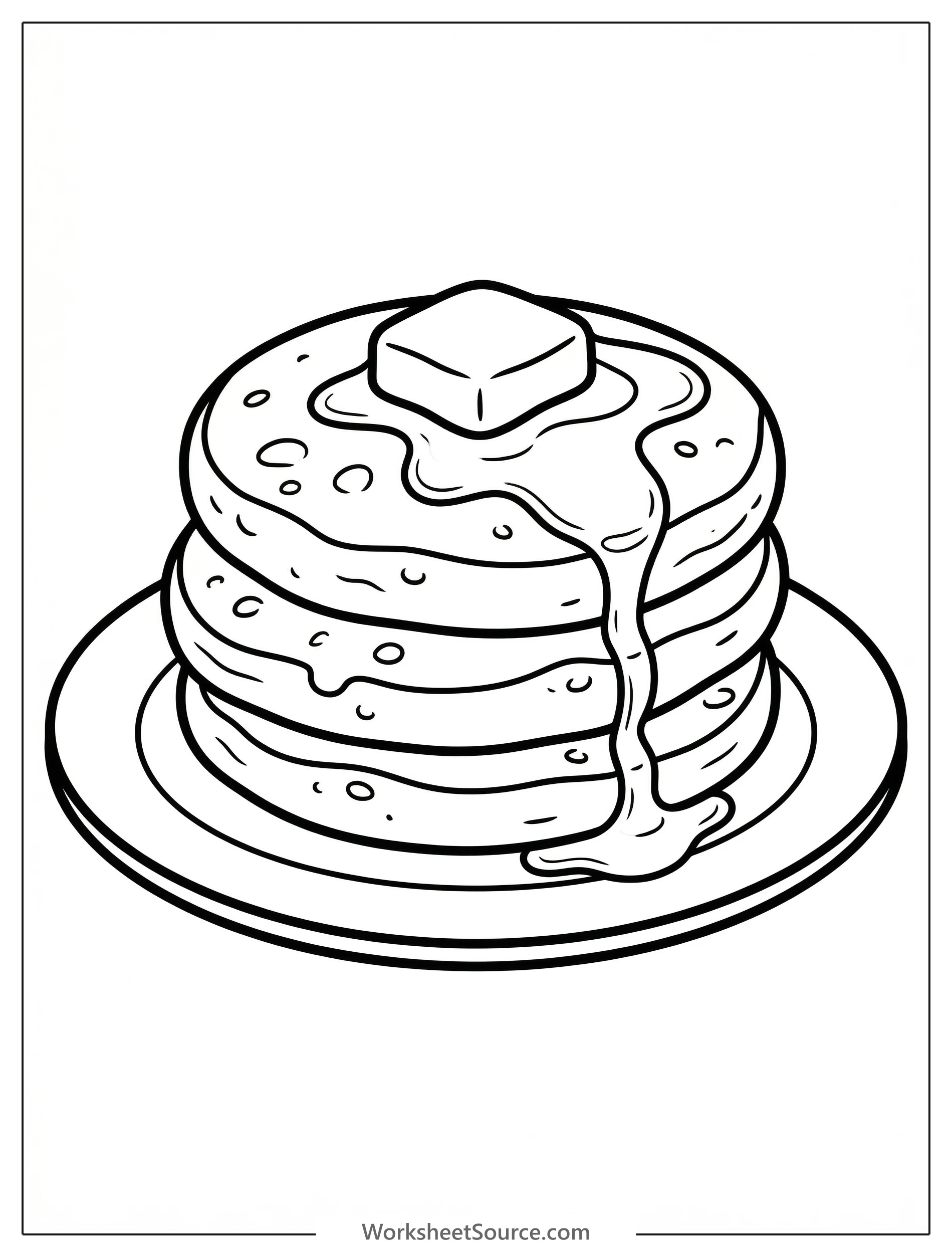 Outline of a fluffy round pancake stacked on a plate, topped with a generous drizzle of honey cascading down its sides, ready for coloring.