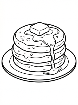 Outline of a fluffy round pancake stacked on a plate, topped with a generous drizzle of honey cascading down its sides, ready for coloring.
