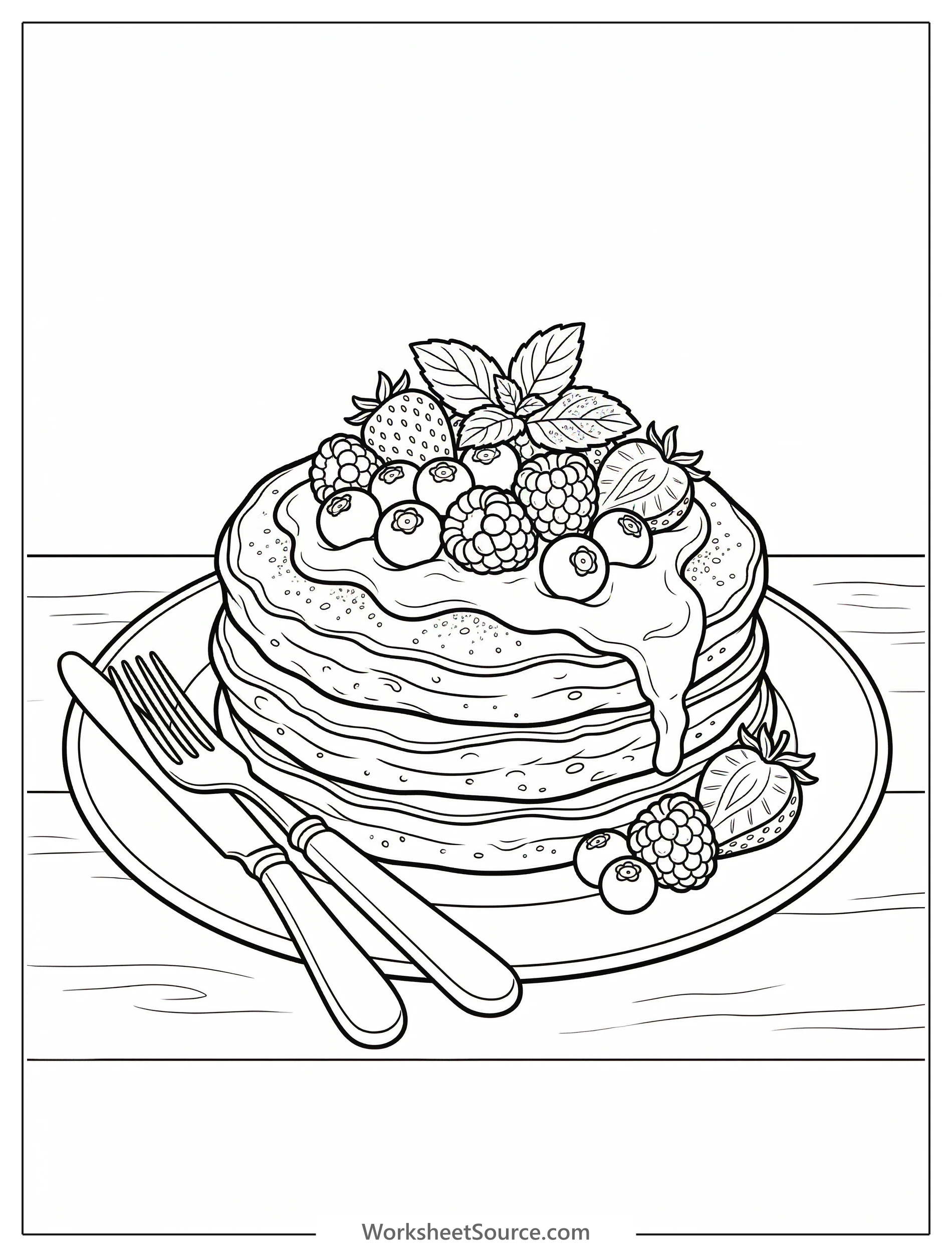 Detailed coloring page showing a stack of fluffy pancakes topped with a generous dollop of lemon curd, fresh blueberries, and raspberries.