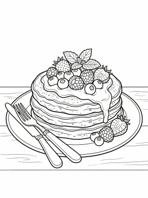 Detailed coloring page showing a stack of fluffy pancakes topped with a generous dollop of lemon curd, fresh blueberries, and raspberries.
