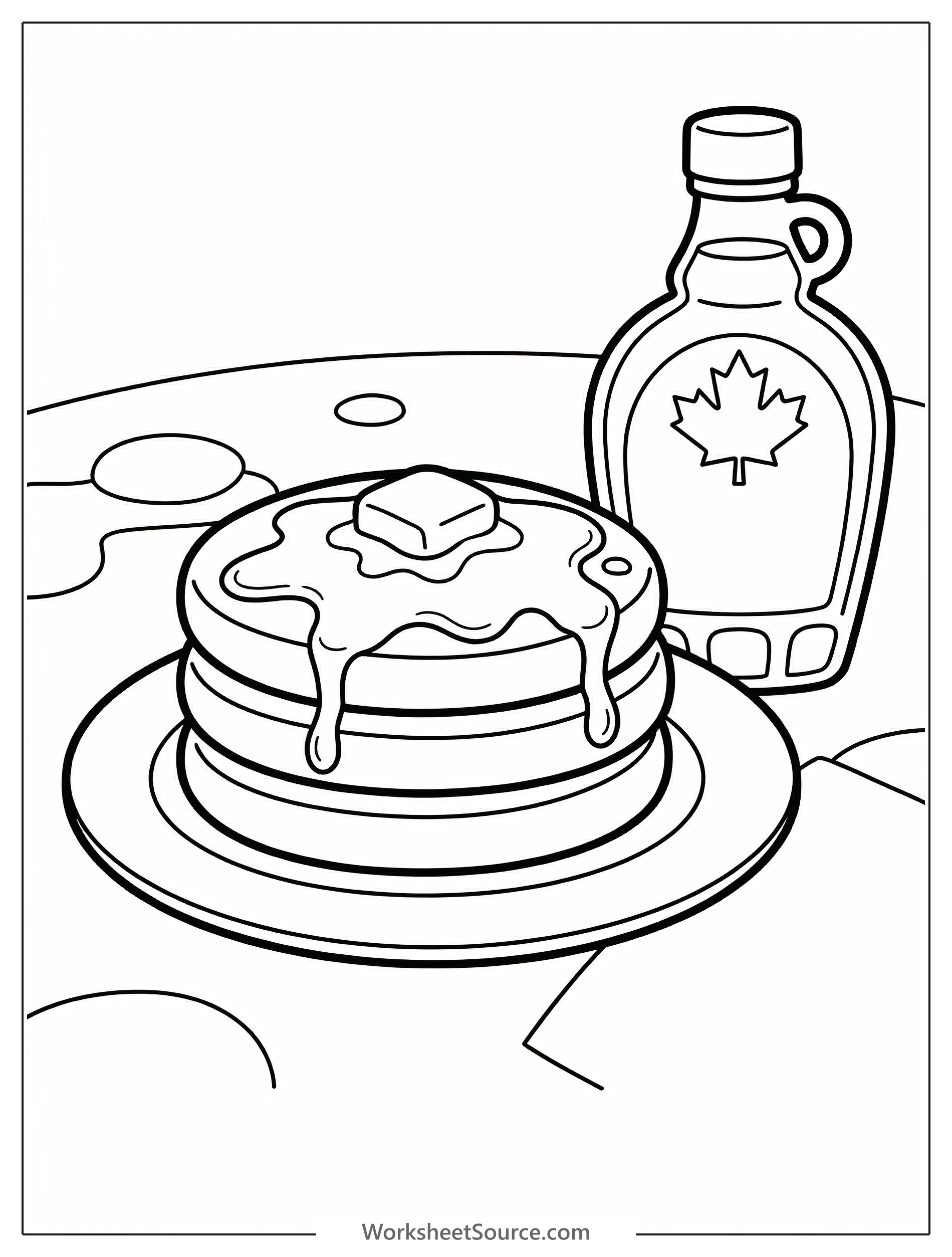 A stack of fluffy pancakes with a pat of melting butter and a bottle of maple syrup, ready for coloring.