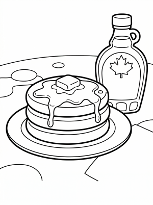 A stack of fluffy pancakes with a pat of melting butter and a bottle of maple syrup, ready for coloring.