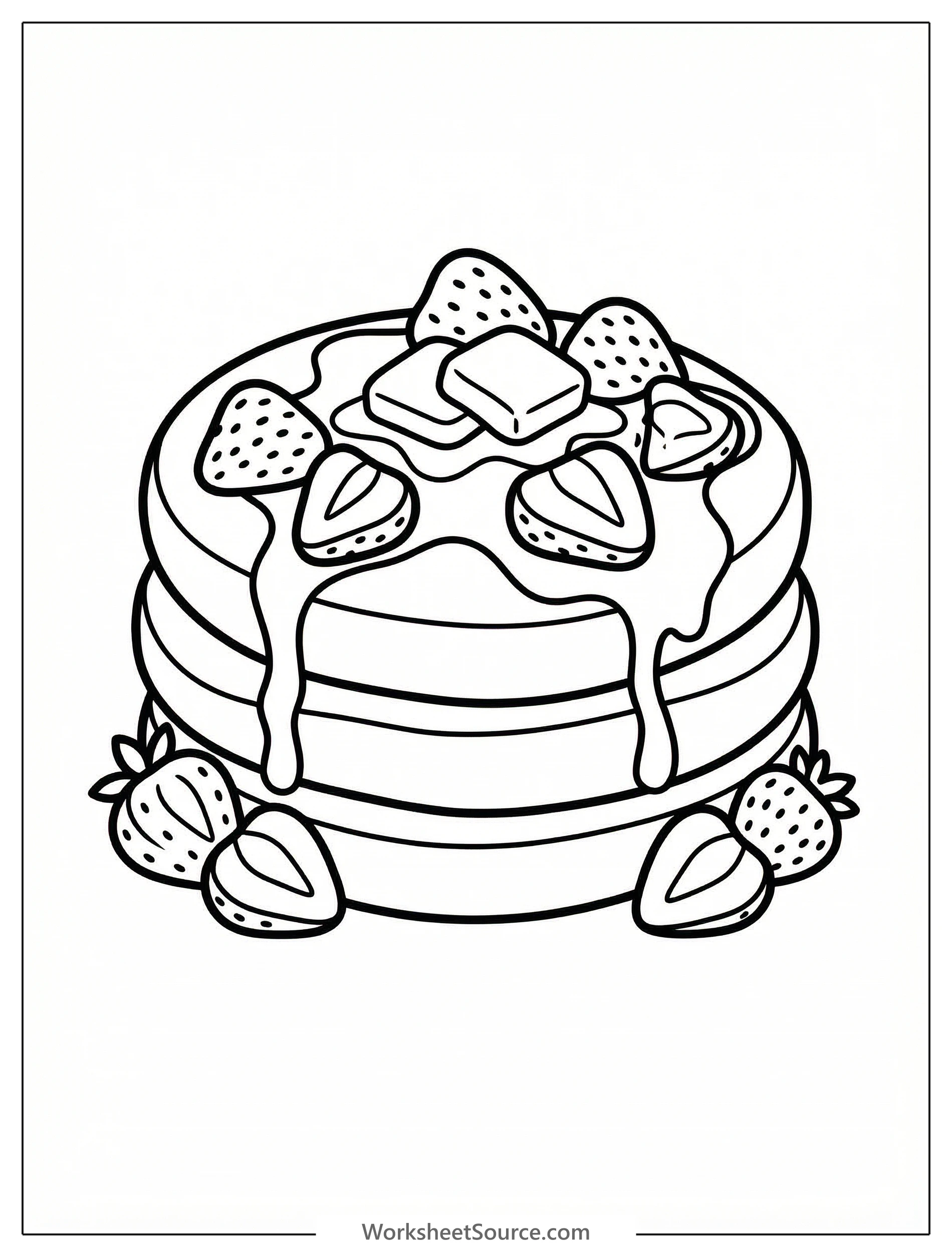 An outlined drawing of a fluffy pancake stacked with sliced strawberries and a dollop of whipped cream, ready for coloring.