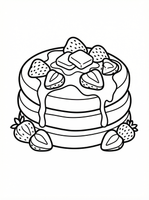 An outlined drawing of a fluffy pancake stacked with sliced strawberries and a dollop of whipped cream, ready for coloring.