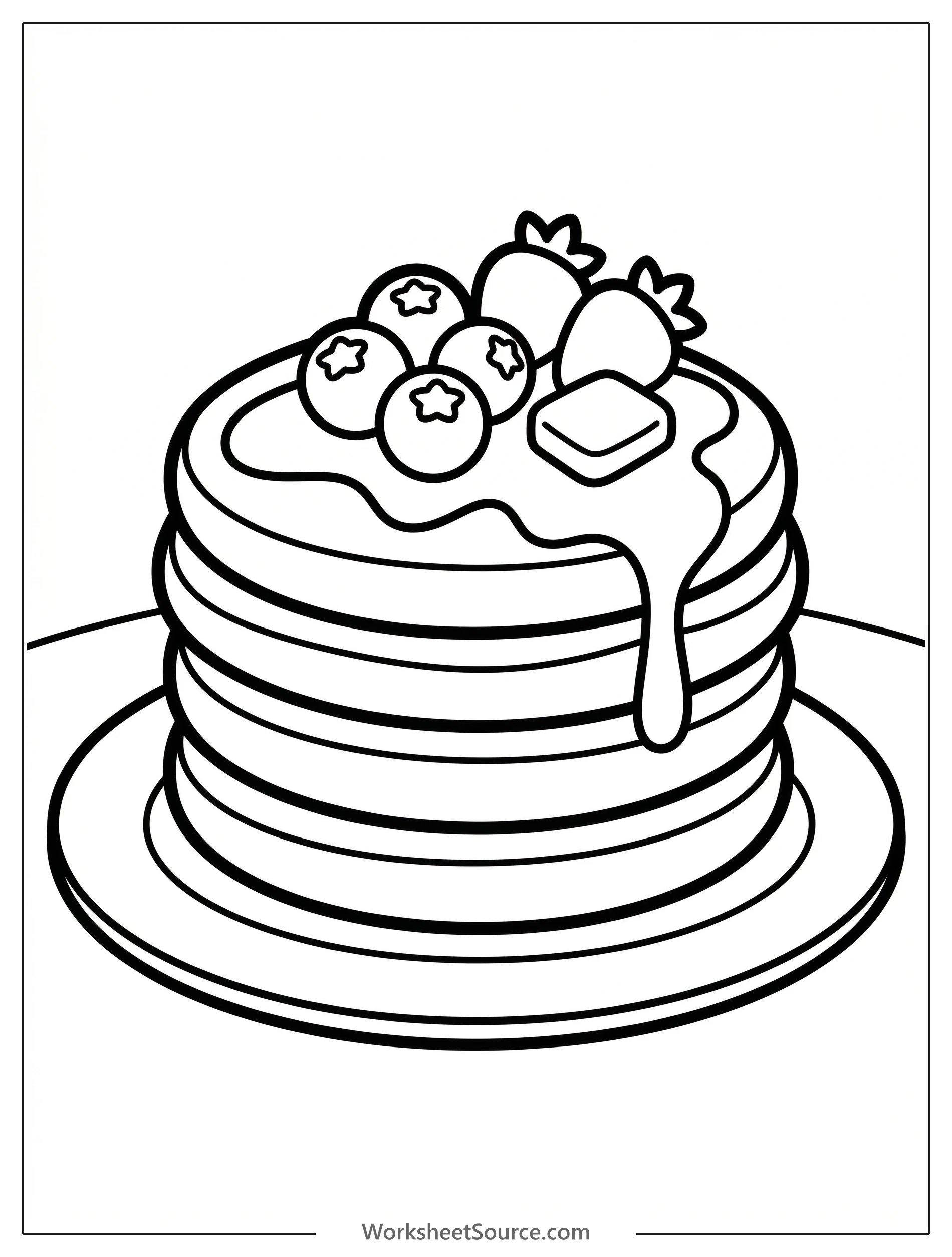 Outline of a stack of fluffy pancakes topped with a generous pile of fresh berries, possibly blueberries, raspberries, and strawberries, ready for coloring.