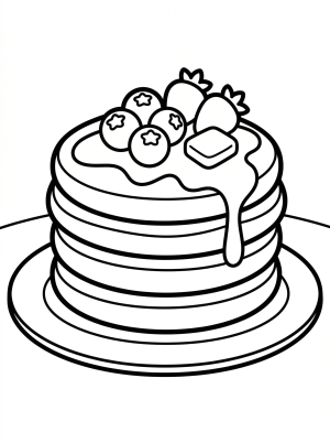 Outline of a stack of fluffy pancakes topped with a generous pile of fresh berries, possibly blueberries, raspberries, and strawberries, ready for coloring.