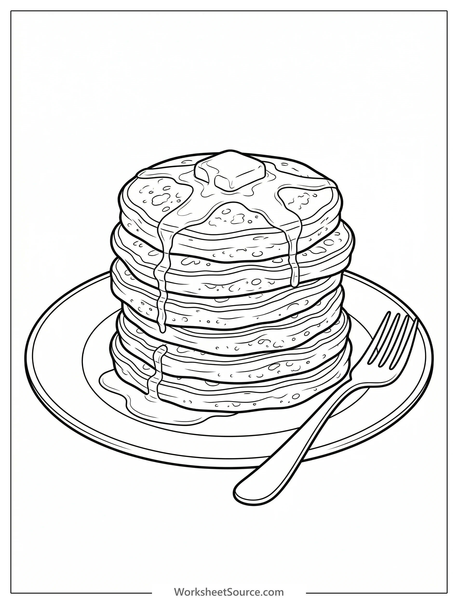 A delightful stack of small, perfectly round silver dollar pancakes, topped with a pat of butter, with intricate outlines for creative coloring.