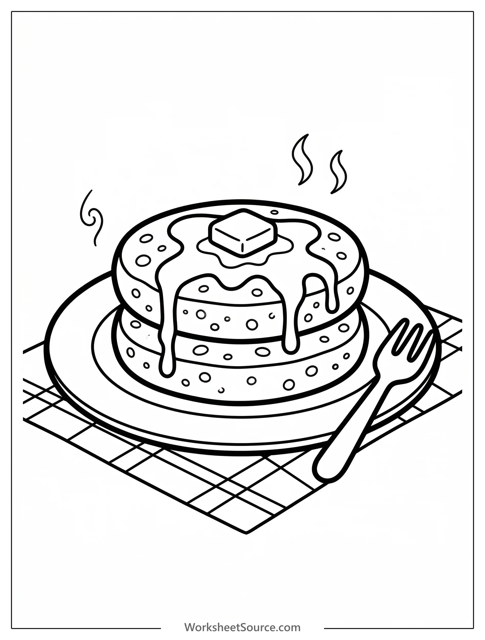 Line art illustration of two fluffy pancakes stacked neatly on top of each other, ready for coloring. Simple, clean design for young artists.