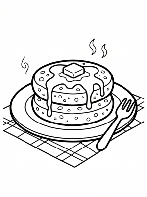 Line art illustration of two fluffy pancakes stacked neatly on top of each other, ready for coloring. Simple, clean design for young artists.
