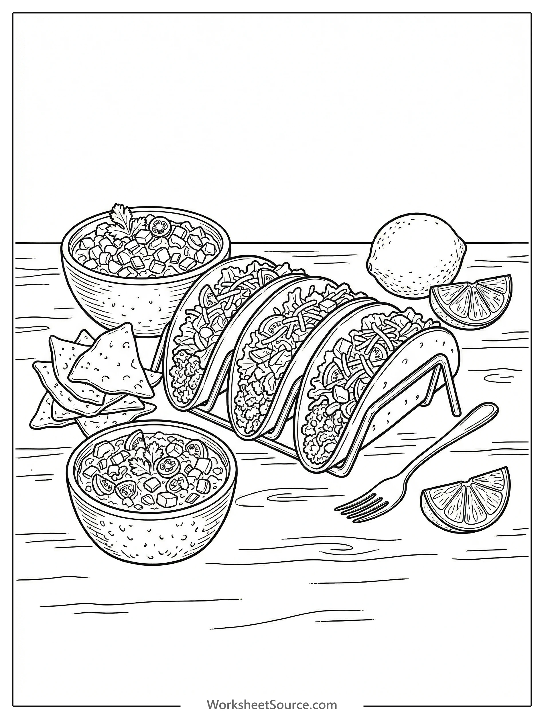 A detailed black and white coloring page featuring a still life arrangement of tacos, lime wedges, and salsa in a bowl, set against a background with a subtle pattern.