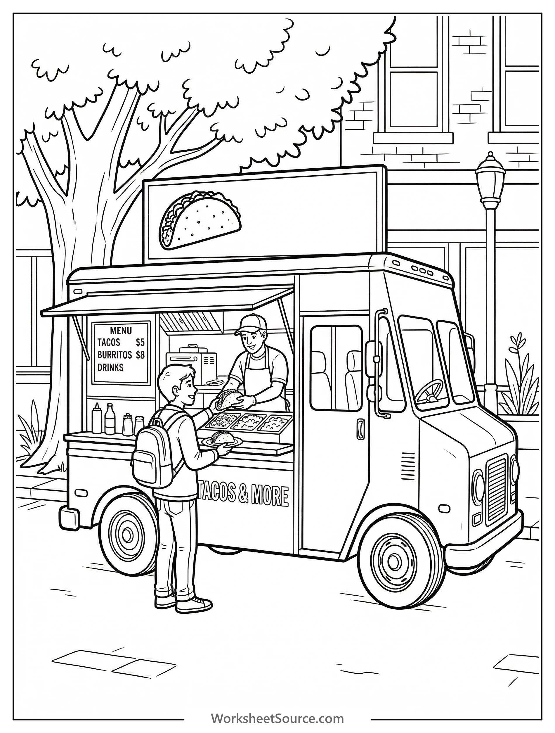 Detailed illustration of a vibrant taco truck parked on a street, ready to serve delicious food, featuring intricate designs and a welcoming serving window.