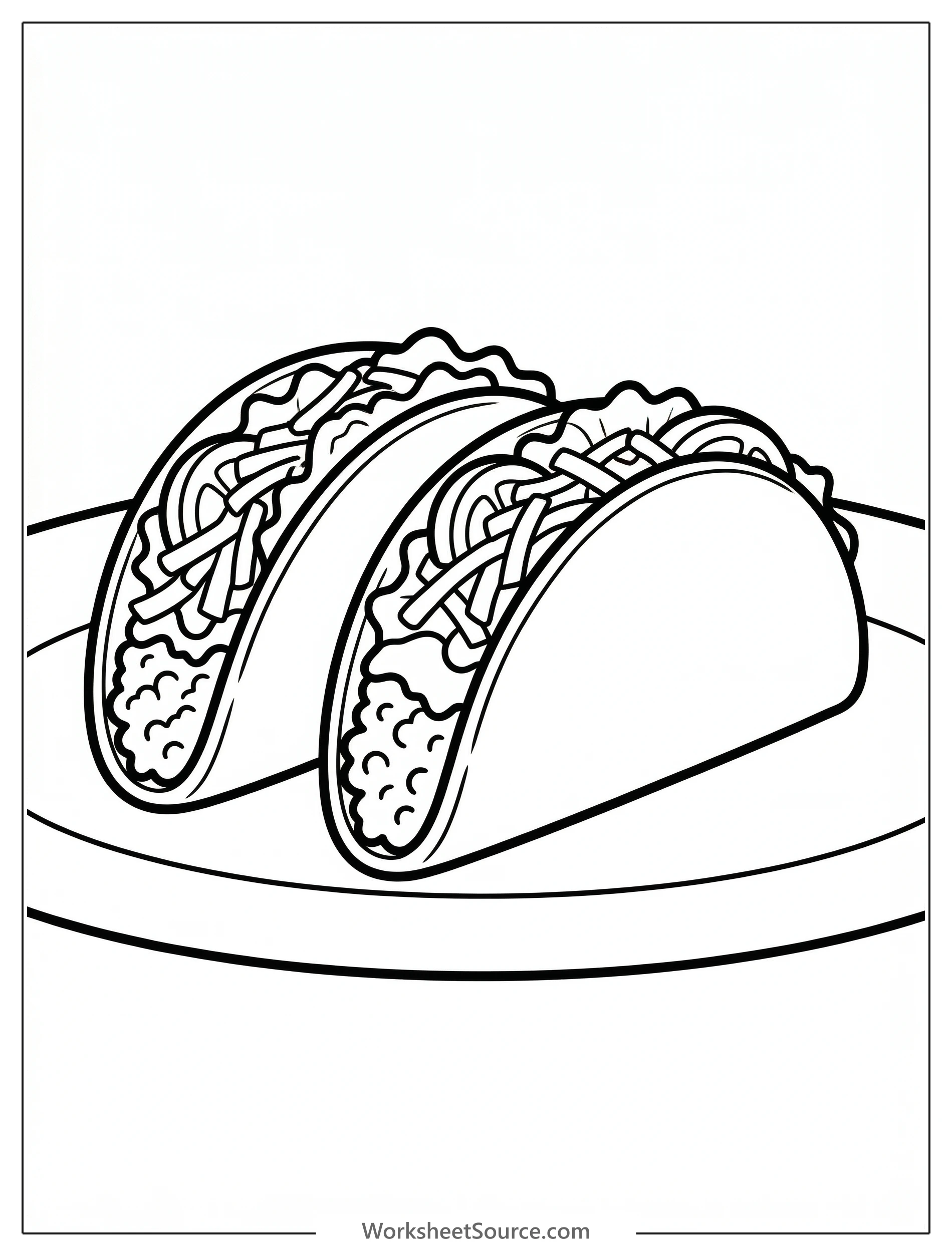 Outline drawing of two delicious looking tacos filled with seasoned meat, lettuce, cheese, and tomatoes, placed side by side, ready for coloring.