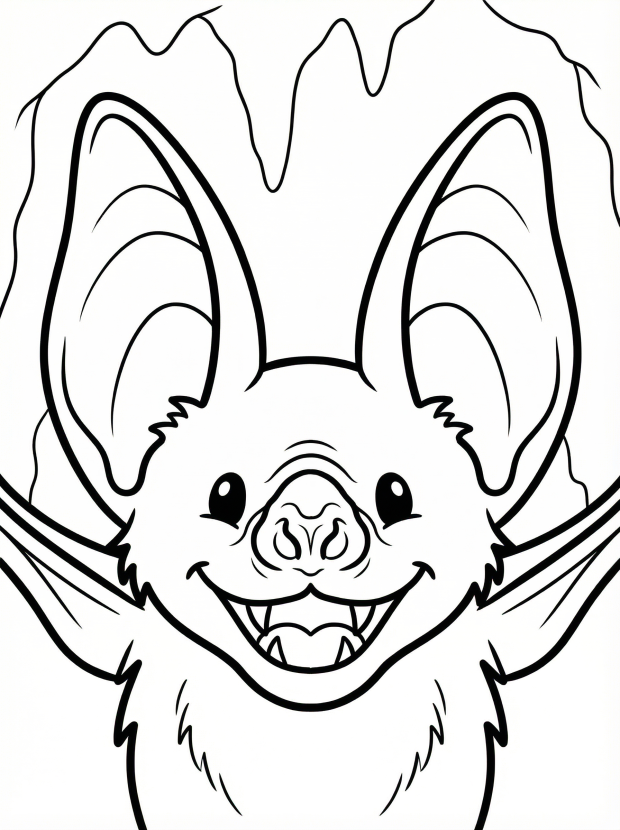 Free printable coloring page showing a smiling bat face close up, perfect for kids to practice coloring and learn about animals