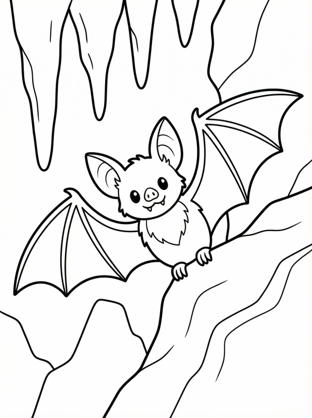 Free printable coloring page showing a friendly bat perched in a cave, perfect for kids to practice coloring and hand control
