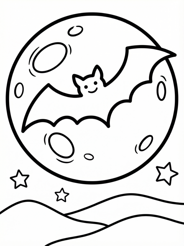 Free printable coloring page showing a bat silhouette over a moon, perfect for kids to practice fine motor skills and creativity
