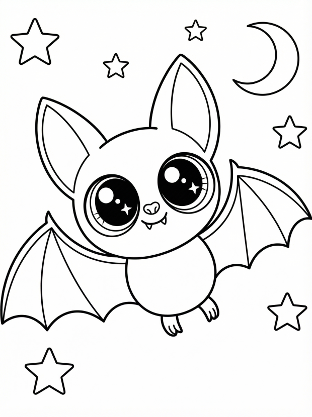 Free printable coloring page showing a cute bat with big eyes flying among stars and moon, perfect for kids to practice coloring and creativity