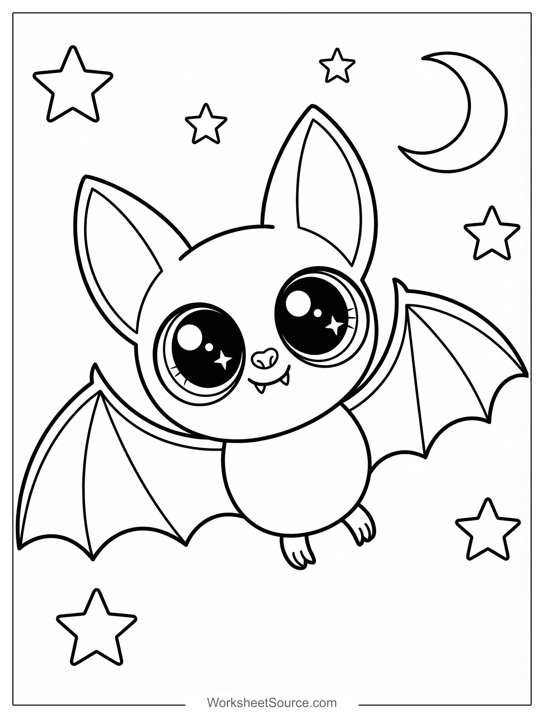 Free printable coloring page showing a cute bat with big eyes flying among stars and moon, perfect for kids to practice coloring and creativity