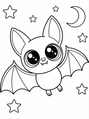 Free printable coloring page showing a cute bat with big eyes flying among stars and moon, perfect for kids to practice coloring and creativity