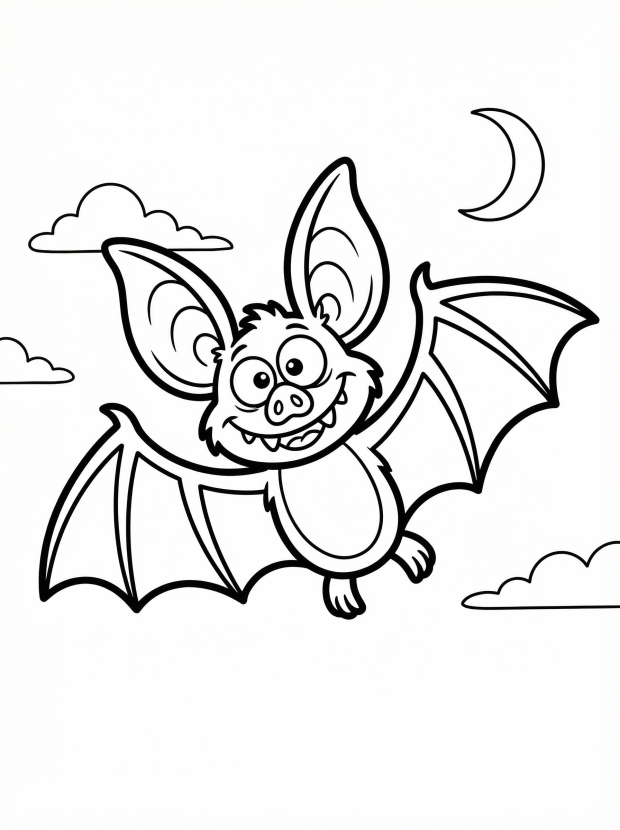 Free printable coloring page showing a happy cartoon bat flying at night, perfect for kids to practice coloring and learn about Halloween