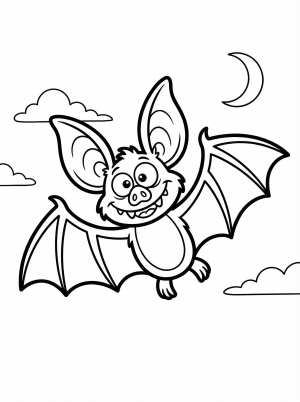 Free printable coloring page showing a happy cartoon bat flying at night, perfect for kids to practice coloring and learn about Halloween